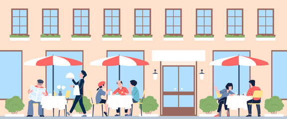 Street summer cafe. Breakfast or dinner in city cafeteria. Seasonal eating in outside restaurant, urban tourism and relax. Recent vector scene