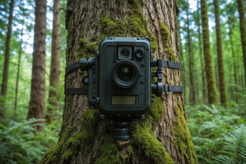 A wildlife camera trap attached and strapped to a tree trunk in a forest to capture movement thru motion detection used by scientist to research and study animals in the jungle. A trail camera setup.