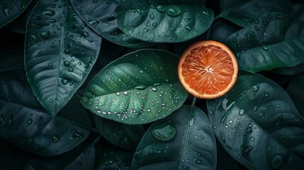   A grapefruit split in two atop a verdant, leafy plant, with dewdrops adorning it