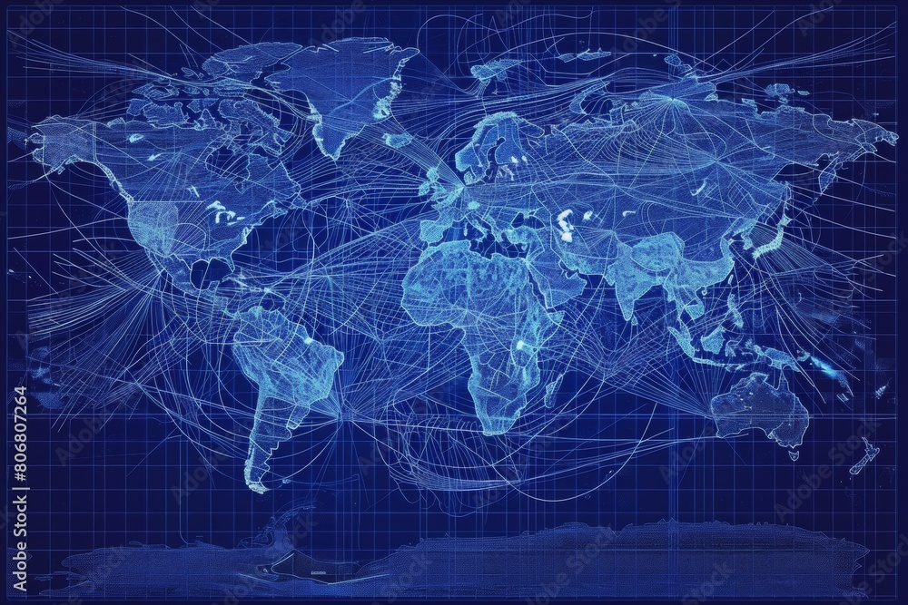 Poster global network map in blueprint style, major data centers marked, fiber-optic routes traced with das