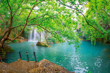 Beautiful waterfalls over emerald water in deep green forest in Kursunlu Natural Park, Antalya,...