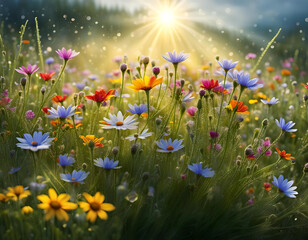Beautiful flower field in warm sunlight. Natural colorful landscape with wild flowers. Magical floral digital illustration. CG Artwork Background