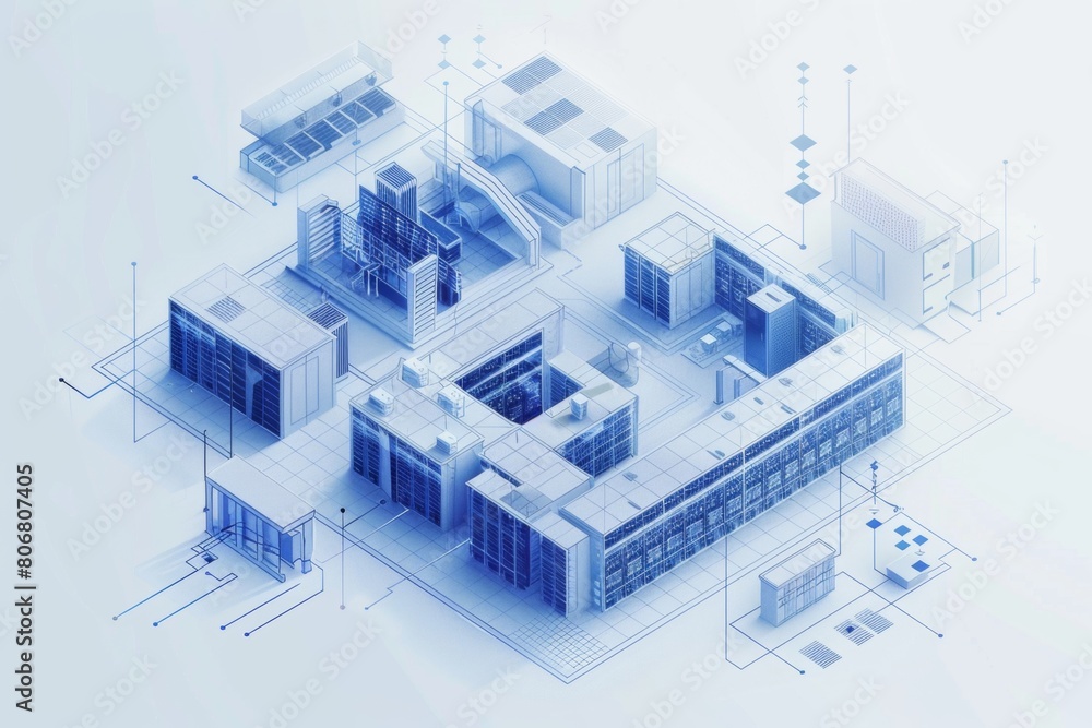 Poster isometric blueprint of a data center, showcasing multiple floors, server racks, and network pathways
