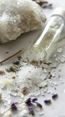 Macro shot of bath salts with dried lavender buds, a glass vial of essential oil, and a crystal cluster, emphasizing texture