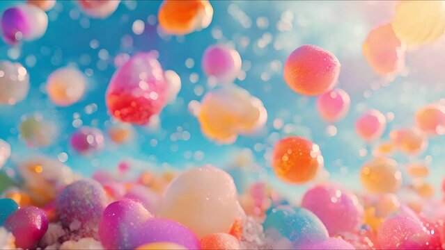 Colorful candy and Jello shot surreal fall, vast copy space, clean background, vivid