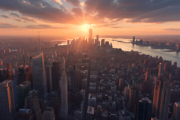 Skyline of New York City at sunset, aerial view, iconic urban landscape, vibrant twilight colors, metropolitan beauty, outdoor scenes, modern american city , cityscape wallpaper background 16:9