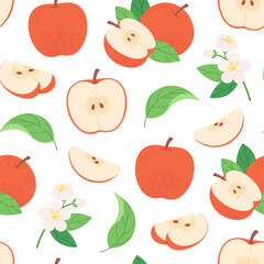 Cartoon apple seamless pattern. Red apples and blossom floral branches. Blooming garden, fabric and wrapping print design, racy vector background