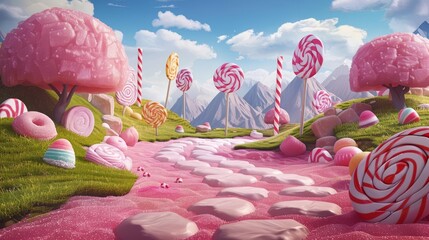 A delicious candy land with pink trees, lollipop mountains, and a river of strawberry syrup. The sky is a clear blue with fluffy white clouds.
