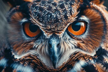 Portrait of an owl (Latin Bubo bubo) close-up with beautiful feathers and big eyes on a white background. Birds, ornithology, ecology.. Beautiful simple AI generated image in 4K, unique.