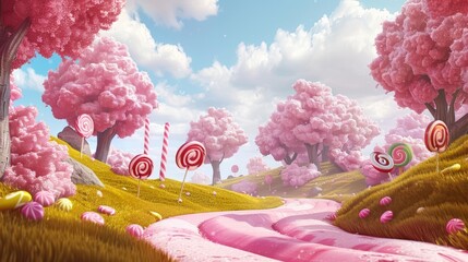 Create a vibrant, 3D landscape filled with pink trees and lollipops