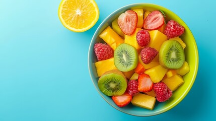   A blue backdrop hosts a bowl brimming with kiwi, raspberries, oranges, and strawberries