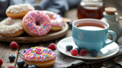 Obraz na płótnie Canvas With cup of tea donuts