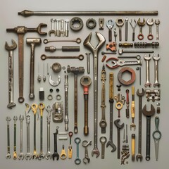 A beautiful array of hardware tools, artfully arranged to demonstrate utility, presented as a model isolated on a solid background