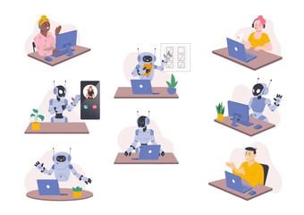 Chatbot customer support. Robots and people working in office together. Android in call center supporting client, splendid vector cartoon scenes