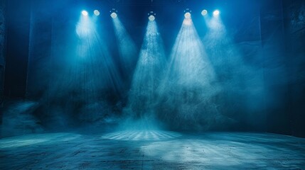 An empty theater stage is lit by spotlights.