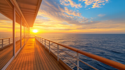 View of a cruise ship deck with the sea as the sun sets over the horizon