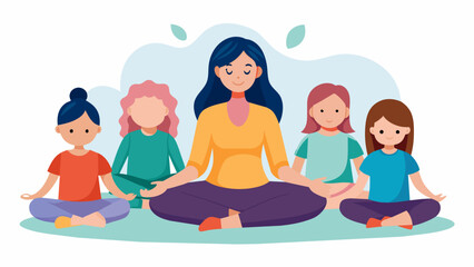 A group of mothers and children sitting crosslegged eyes closed as their instructor guides them through a calming meditation.. Vector illustration