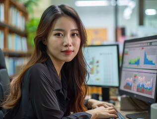 Fototapeta premium An Asian businesswoman in a black blazer works attentively at her desk, analyzing complex financial charts on multiple computer screens in a well-lit office environment
