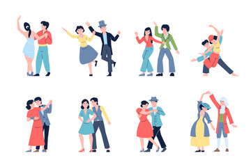 Dancing couples. Dancers wear different outfits, ballroom and modern dances. Men and women dance, happy couple in waltz and hip hop, recent vector set