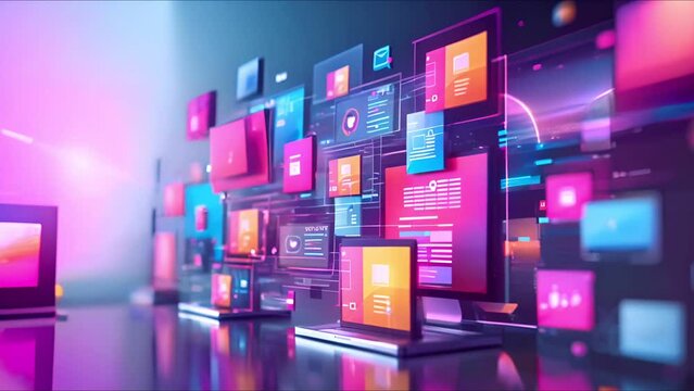 A 3D illustration of a futuristic user interface with multiple screens, windows, and data visualizations.