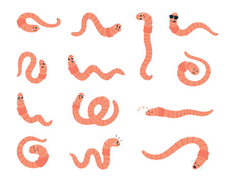 Cartoon worms characters. Earthworms mascots, worm creeping, sleeping and smiling. Funny insects with big eyes, crawlers classy vector set