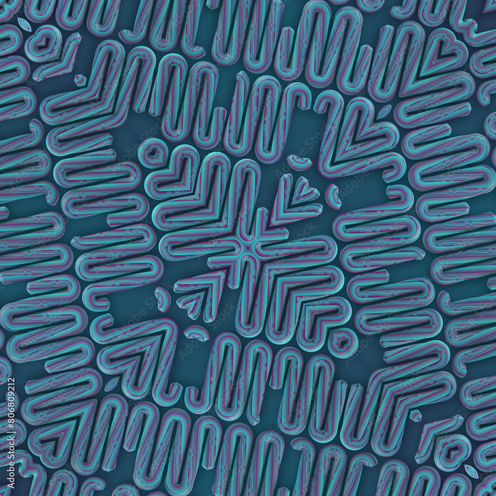 Poster 3d rendering digital illustration with a symmetrical pattern of stylized shapes