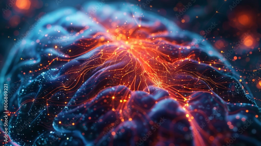 Poster A close-up photorealistic image of a brain scan, showcasing the intricate neural pathways and glowing electrical activity.