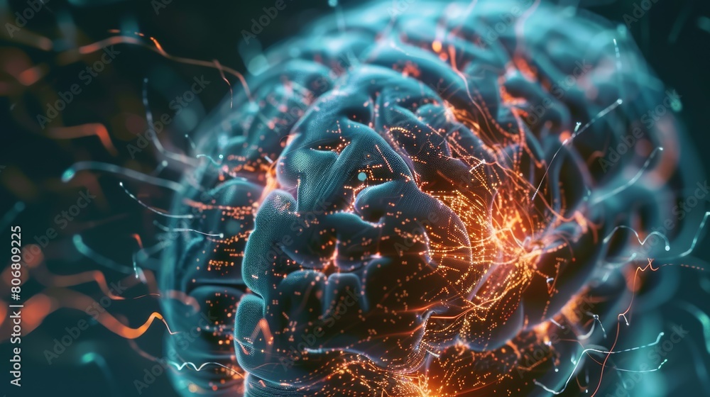Poster A close-up photorealistic image of a brain scan, showcasing the intricate neural pathways and glowing electrical activity.