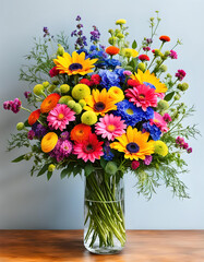 Colourful flower arrangement in a vase. Beautiful floral digital illustration. CG Artwork Background