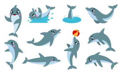Dolphins characters funny emotions. Cute dolphin swimming and playing, doing tricks. Underwater cartoon animals different poses, classy vector set