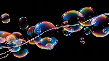  view of soap bubbles isolated on black background, Rainbow colors, light refraction, bubble ,...