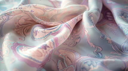 A romantic paisley print in soft pastel hues of blush pink lavender and baby blue with paisley...