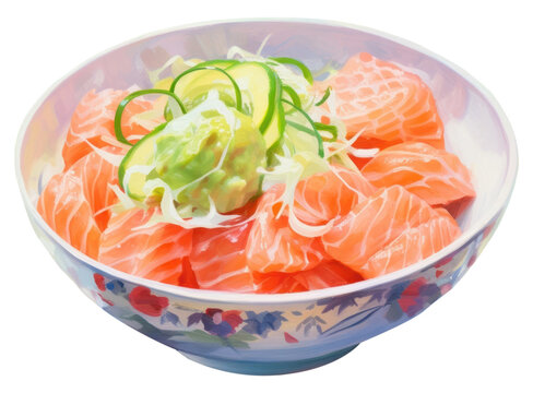 PNG Bowl of shashimi with wasabi seafood salmon vegetable.