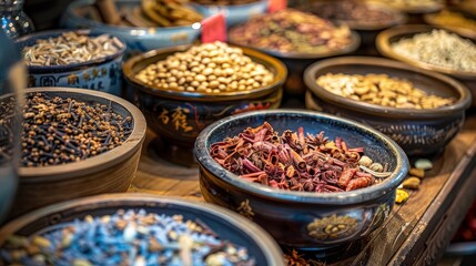 Vivid display of various dried spices and herbs neatly arranged in decorative traditional bowls, highlighting a rich diversity in culinary ingredients.