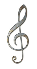 Fototapeta premium 3D render of treble clef model. Scratched metal, rust. PNG.