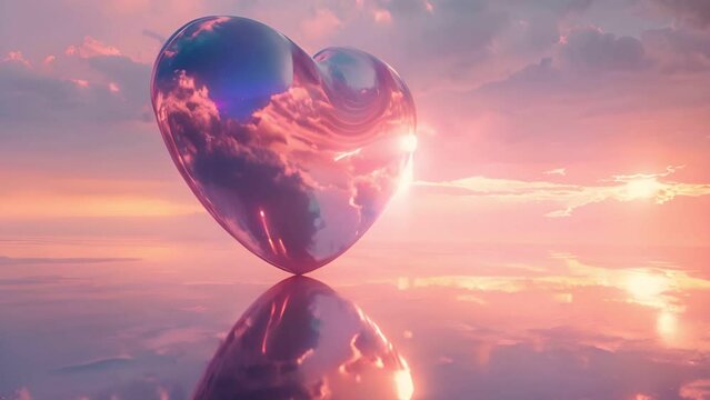 Pink and blue heart floating on a pink ocean at sunset