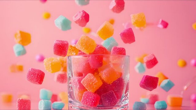 Colorful candy and Jello shot surreal fall, vast copy space, clean background