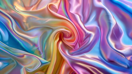 Pearl colorful fabric background. Shiny mother's dress of wrinkled fabric twisting like flowers, bright multi-colored fabric, pastel colorful spectrum fluid flow background.