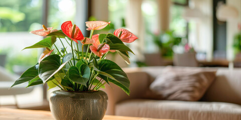 Indoor Elegance: Anthurium in Modern Home. A vibrant red anthurium plant enhances a contemporary living room, adding a touch of natural beauty and color to the modern interior.