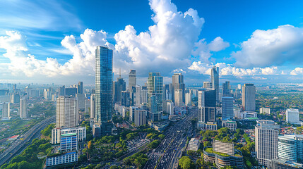 A photo of the cityscape in Jakarta, with tall buildings and bustling streets reflecting its modern urban lifestyle. The sky is a clear blue with fluffy white clouds overhead,