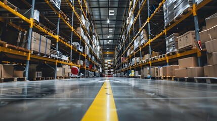
industrial warehouse with high shelves and boxes with yellow safety stripes on the floor
