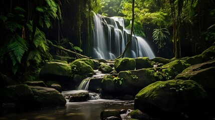 Panorama of beautiful waterfall in tropical rainforest, Bali, Indonesia