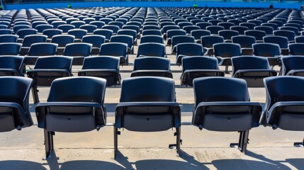 Rows of black grandstand chairs in a sports stadium are neatly arranged and folded, clean and comfortable. Empty outdoor arena, seats for spectators in modern stadium.