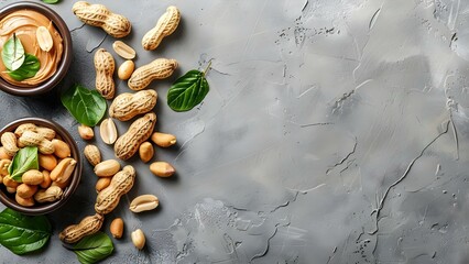 Pastel Background with Peanuts, Peanut Butter Protein, and Space for Text. Concept Food Photography, Pastel Background, Peanut Butter, Text Overlay, Product Presentation