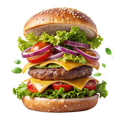 delicious burger with floating  white isolated background