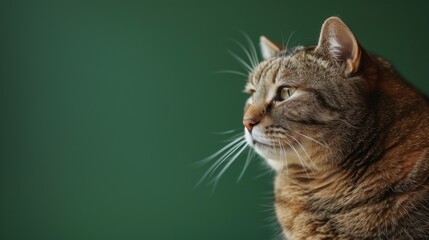 Close up view of overweight fat cat isolated on plain empty green background with copy space