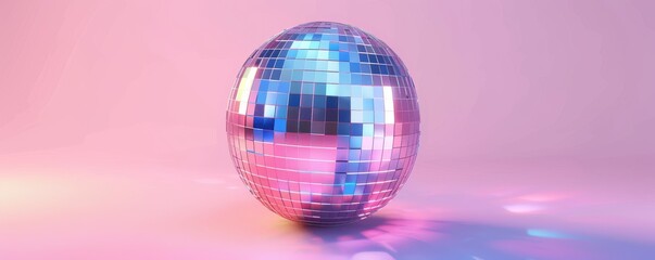 Shiny disco ball with colorful reflections in a vibrant pink background