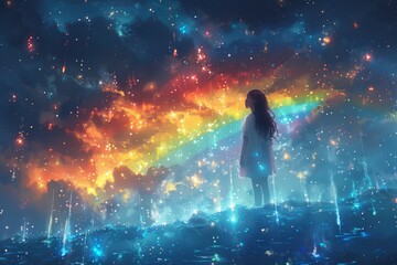 Obraz premium a happy teen girl stands beneath a celestial canopy of swirling colors in the enchanting realm of the rainbow Milky Way sky.