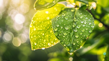 Fresh Dew Drops on Green Leaf