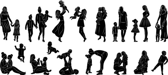 silhouette mom and baby set on white background vector